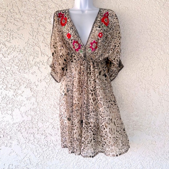 DEHRY PARIS sheer boho cheetah embellished dress coverup M - Picture 1 of 13